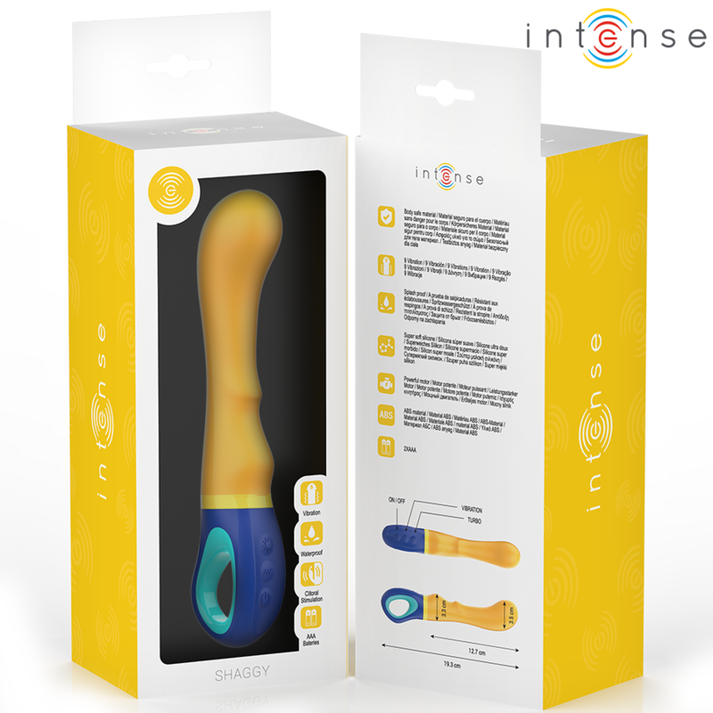 Vibratore Punto G INTENSO Shaggy Giallo di INTENSE FUN, design ergonomico e superficie morbida, colore giallo brillante.