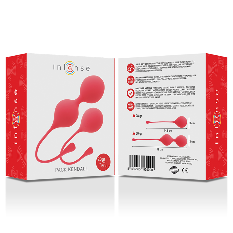 Set di palline Kegel Kendall Rosso INTENSE HEALTH & FUN, dispositivo per il benessere pelvico femminile, in confezione compatta e colorata.