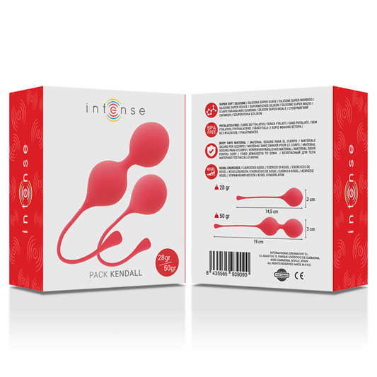 Set di palline Kegel Kendall Rosso INTENSE HEALTH & FUN, dispositivo per il benessere pelvico femminile, in confezione compatta e colorata.