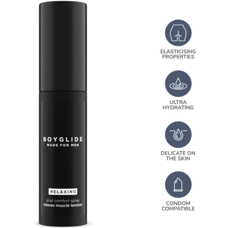 Spray rilassante anale INTIMATELINE BOYGLIDE da 20 ml, bottiglia con spray per uso intimo e comfort.
