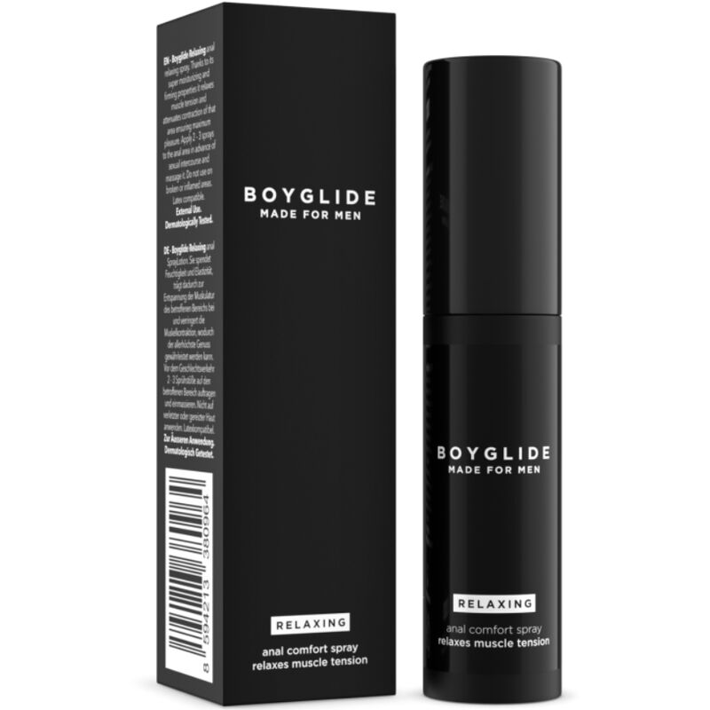 Spray rilassante anale INTIMATELINE BOYGLIDE da 20 ml, flacone con spray e etichetta bianca e blu.