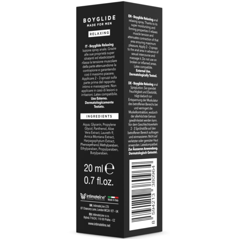 Spray rilassante anale INTIMATELINE BOYGLIDE da 20 ml, flacone con nebulizzatore, per relax e comfort.