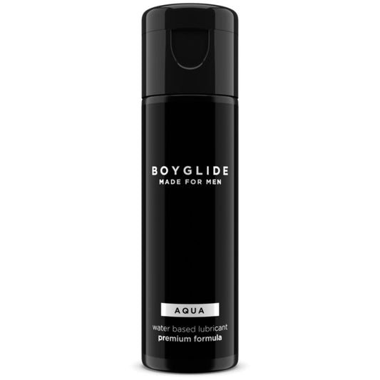 Lubrificante a base d'acqua INTIMATELINE BOYGLIDE da 30 ml, flacone trasparente con etichetta blu e tappo bianco.