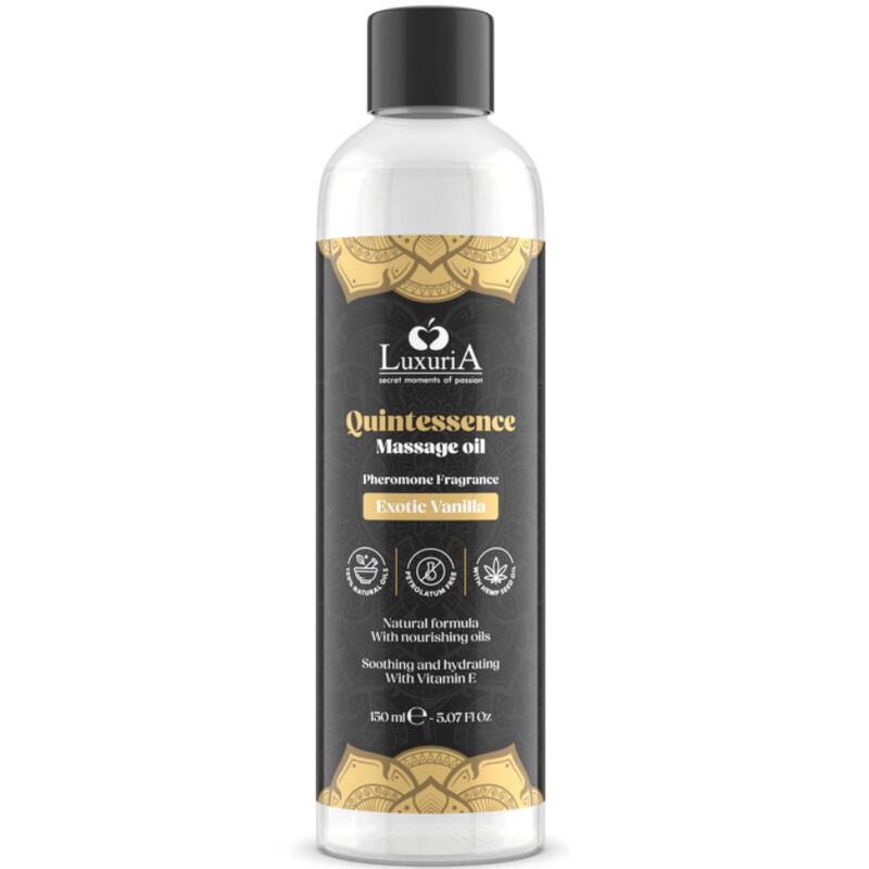 Olio per massaggi alla vaniglia Intimateline Luxuria, bottiglia da 150 ml, con etichetta elegante e aroma esotico.