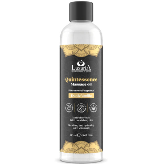 Olio per massaggi alla vaniglia Intimateline Luxuria, bottiglia da 150 ml, con etichetta elegante e aroma esotico.
