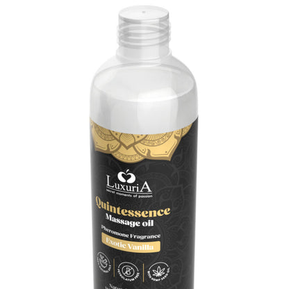 Olio da massaggi alla vaniglia Esotico INTIMATELINE LUXURIA, 150 ml, bottiglia con etichetta elegante e tappo nero