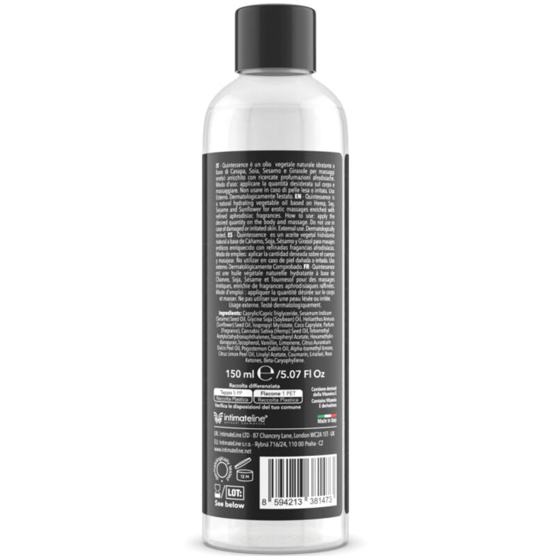 Olio da massaggi Intimateline Luxuria alla vaniglia esotica, bottiglia da 150 ml, con etichetta e tappo.