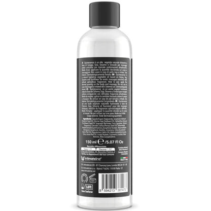 Olio da massaggi Intimateline Luxuria alla vaniglia esotica, bottiglia da 150 ml, con etichetta e tappo.