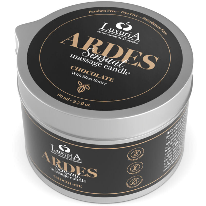 Candela da massaggio al cioccolato Intimateline Luxuria, con contenitore elegante e aroma al cioccolato, perfetta per il relax.