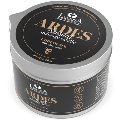 Candela da massaggio al cioccolato Intimateline Luxuria, con contenitore elegante e aroma al cioccolato, perfetta per il relax.