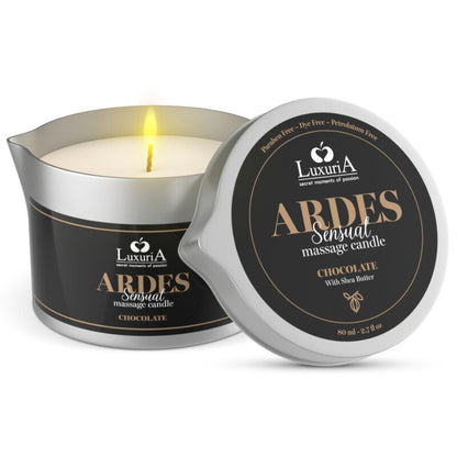 Candela da massaggio al cioccolato Intimateline Luxuria, vasetto con cera al cioccolato e profumo invitante, per massaggi rilassanti