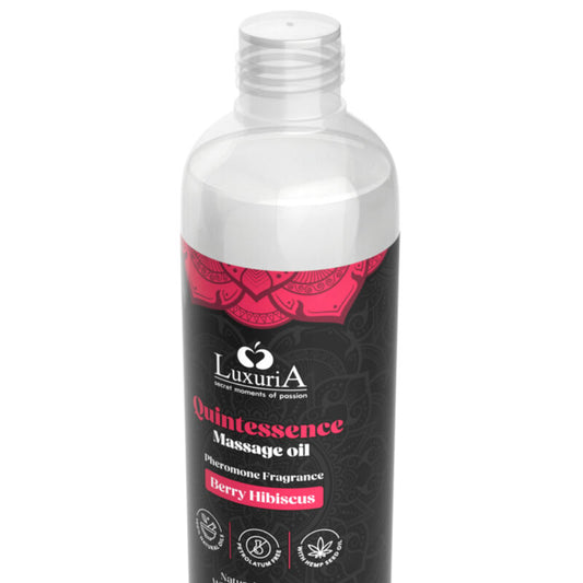 Olio massaggio alle bacche INTIMATELINE LUXURIA, 150 ml, bottiglia con etichetta elegante e tappo nero.