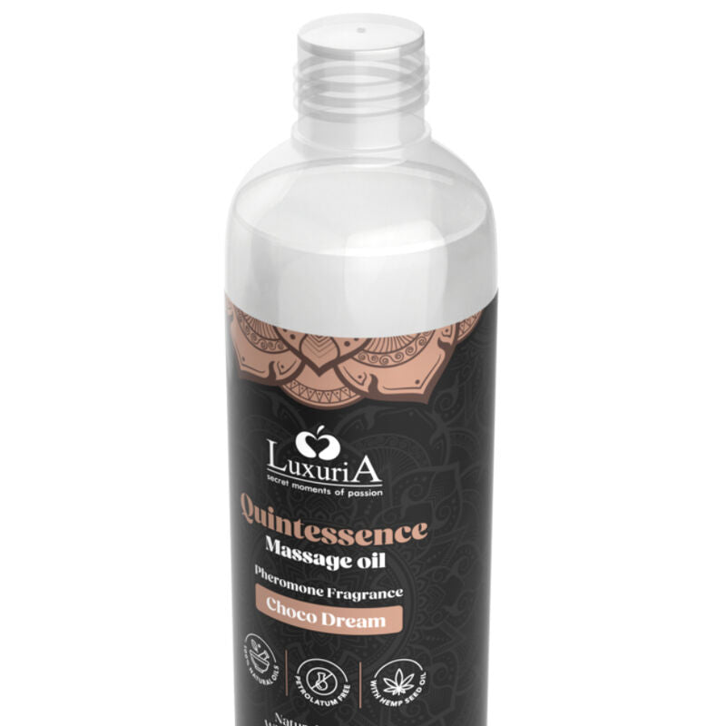 Olio da massaggio al cioccolato Intimateline Luxuria, flacone da 150 ml, texture liscia e invitante per massaggi rilassanti