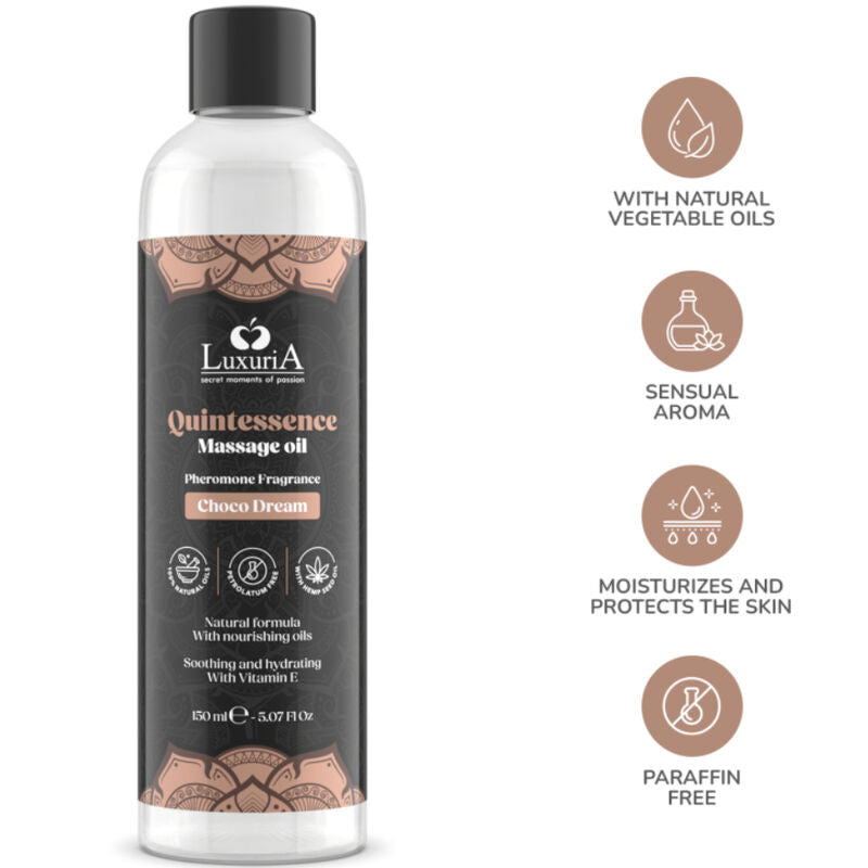Olio da massaggio al cioccolato Intimateline Luxuria, bottiglia da 150 ml, texture cremosa e profumo intenso al cioccolato