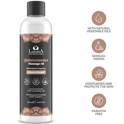 Olio da massaggio al cioccolato Intimateline Luxuria, bottiglia da 150 ml, texture cremosa e profumo intenso al cioccolato