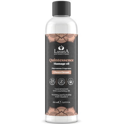 Olio per massaggi al cioccolato Intimateline Luxuria, 150 ml, bottiglia con etichetta elegante e tappo nero.