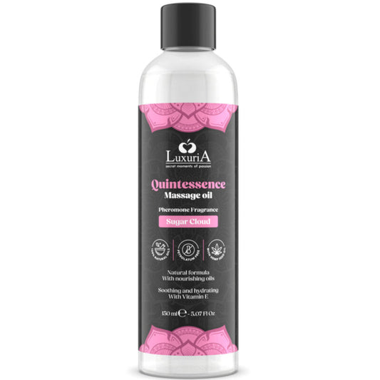 Olio massaggio Intimateline Luxuria Sugar Cloud da 150 ml con bottiglia trasparente e etichetta elegante.