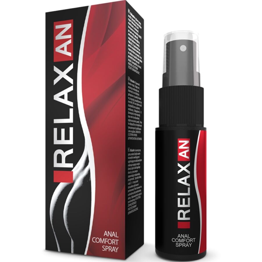Spray anal comfort Relaxan di Intimateline, flacone da 20 ml con etichetta bianca e spray pratico, visibile in immagine.