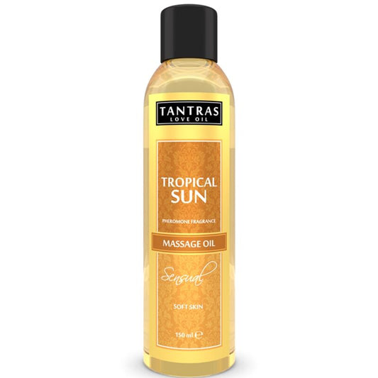 Olio da massaggio Intimateline Tantras Love Oil, 150 ml, con aroma tropicale, bottiglia con etichetta visibile.