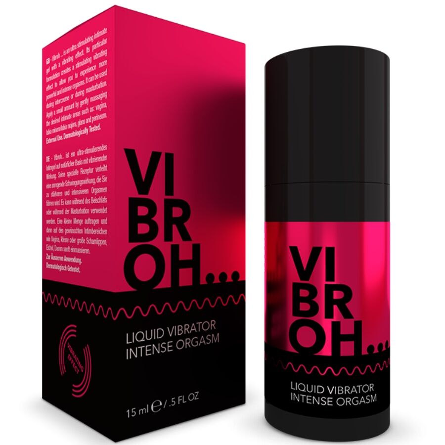 Vibratore liquido INTIMATELINE VIBROH da 15 ml in bottiglia, prodotto per il piacere intimo femminile, confezione con etichetta.