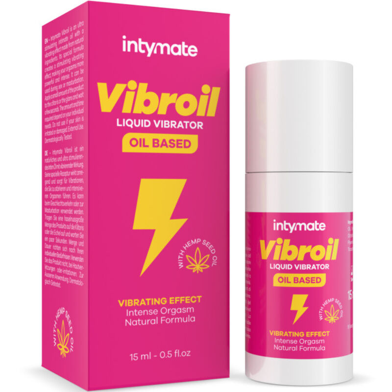Olio intimo Vibroil di Intimateline Intymate, flacone da 15 ml con etichetta, ideale per effetti vibranti e cura femminile.