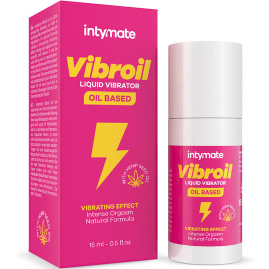 Olio intimo Vibroil di Intimateline Intymate, flacone da 15 ml con etichetta, ideale per effetti vibranti e cura femminile.