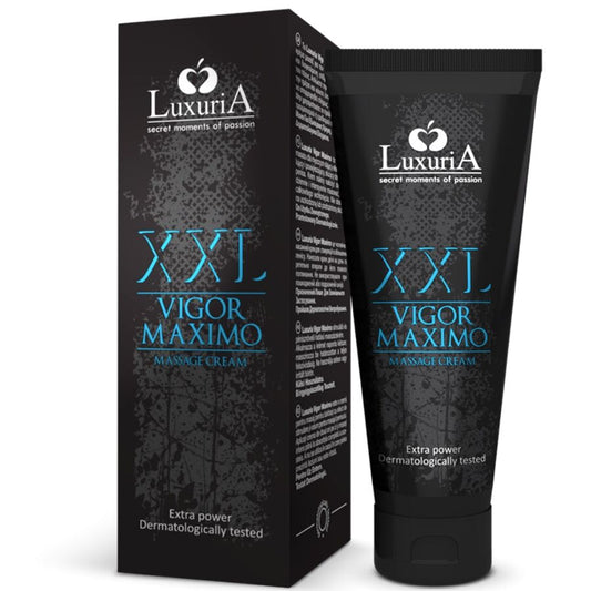 Crema da massaggio XXL Vigor Maximo INTIMATELINE LUXURIA, flacone da 75 ml, con etichetta e tappo in evidenza.