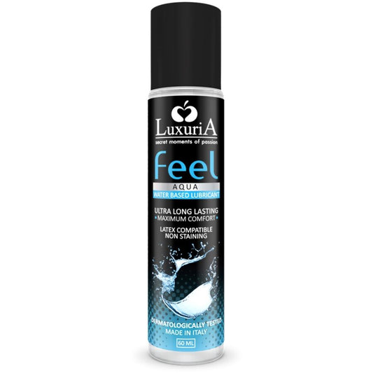 Lubrificante a base d'acqua INTIMATELINE LUXURIA FEEL AQUA, flacone da 60 ml, con etichetta visibile e design elegante