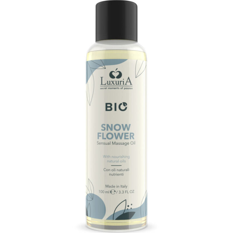 Olio da massaggio bio ai fiori di neve INTIMATELINE LUXURIA in bottiglia da 100 ml, liquido leggero e profumato per il benessere
