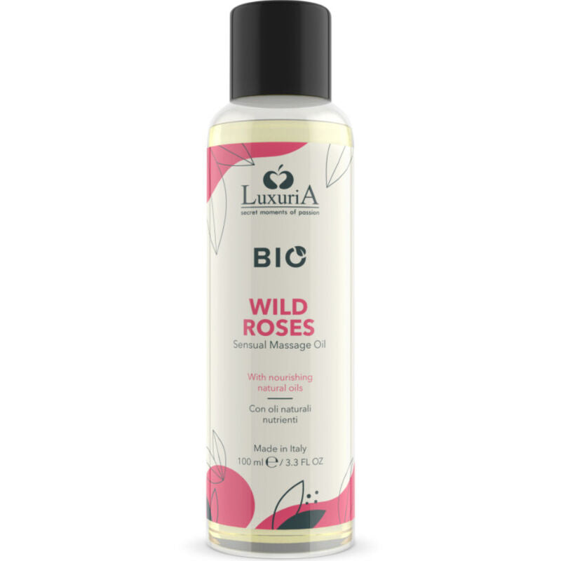 Olio da massaggio biologico alla rosa selvatica di INTIMATELINE LUXURIA, bottiglia da 100 ml con etichetta elegante