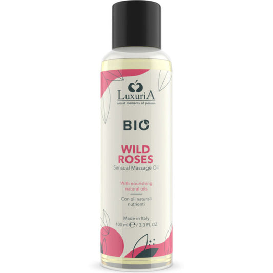 Olio da massaggio biologico alla rosa selvatica di INTIMATELINE LUXURIA, bottiglia da 100 ml con etichetta elegante