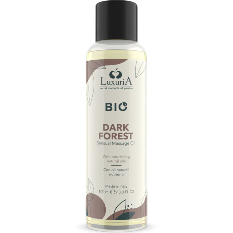 Olio da massaggio bio Intimateline Luxuria Forest Dark, bottiglia da 100 ml con etichetta verde e dettaglio del prodotto.