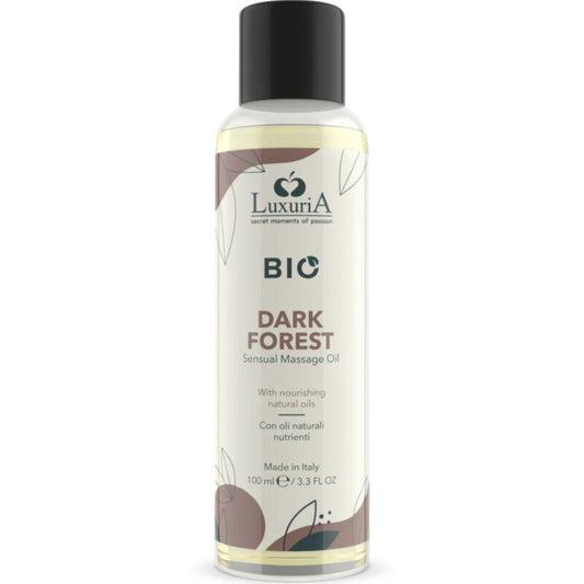 Olio da massaggio bio Intimateline Luxuria Foresta Oscura in bottiglia da 100 ml, con etichetta verde e liquido trasparente