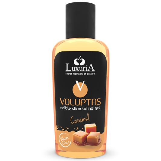 Gel da massaggio riscaldante INTIMATELINE LUXURIA Voluptas con aroma al caramello, bottiglia da 100 ml, etichetta visibile.
