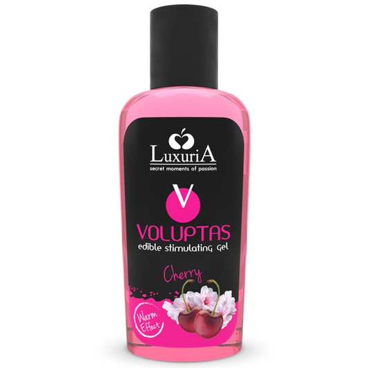 Gel da massaggio Intimateline Luxuria Voluptas alla ciliegia, contenuto da 100 ml, presenta un flacone con etichetta colorata e tappo.