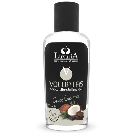 Gel da massaggio INTIMATELINE LUXURIA Voluptas al cocco e crema, bottiglia da 100 ml, con etichetta visibile e tappo.