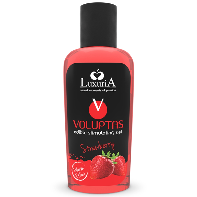 Gel da massaggio Intimateline Luxuria Voluptas alla fragola, flaconcino da 100 ml, con etichetta colorata e dettagli del prodotto