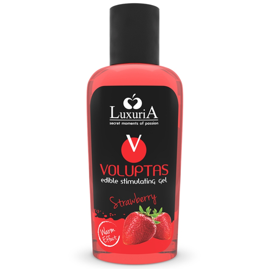Gel da massaggio Intimateline Luxuria Voluptas alla fragola, flaconcino da 100 ml, con etichetta colorata e dettagli del prodotto