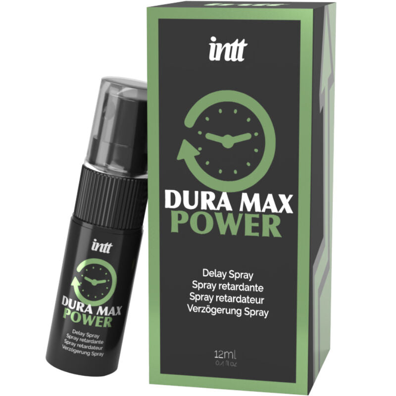Spray ritardante Dura Max Power di INTT for Him, spray per prolungare la durata dell'erezione, in confezione spray.