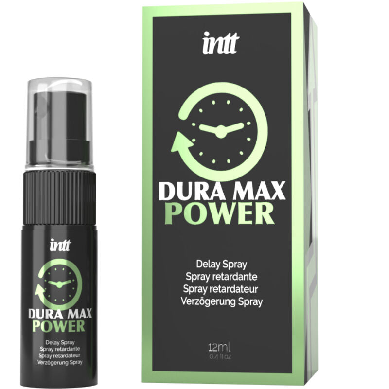 Spray ritardante Dura Max Power di INTT for Him, flacone spray con etichetta blu e bianca, visibile nella confezione.