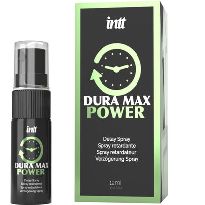 Spray ritardante Dura Max Power di INTT for Him, flacone spray con etichetta blu e bianca, visibile nella confezione.