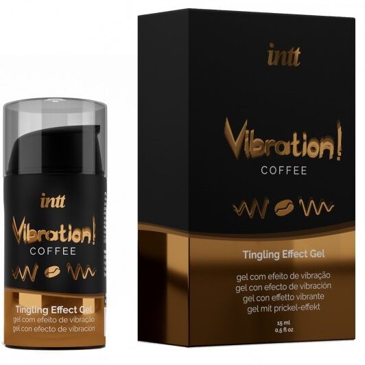 Gel da massaggio e sesso orale INTT MASSAGE & ORAL SEX al gusto di caffè con effetto caldo, visibile nella bottiglia.