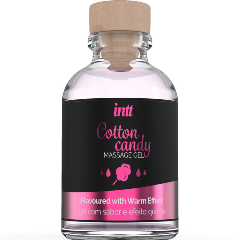 Gel da massaggio e sesso orale INTT MASSAGE & ORAL SEX al gusto di Candy Cotone con effetto riscaldante, visibile in questa immagine.