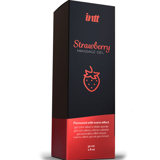 Gel da massaggio e sesso orale INTT MASSAGE & ORAL SEX al gusto fragola con effetto caldo, bottiglia con etichetta visibile