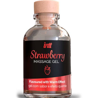 Gel da massaggio e sesso orale INTT MASSAGE & ORAL SEX al gusto fragola con effetto caldo, per sensazioni intense e piacevoli.