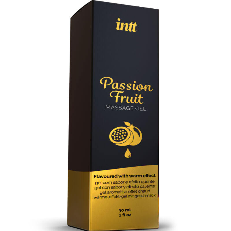 Gel da massaggio INTT MASSAGE & ORAL SEX al gusto di frutto della passione con effetto calore, visibile nel flacone e dettaglio dell'etichetta