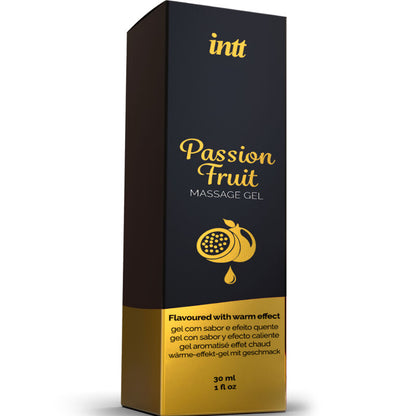 Gel da massaggio INTT MASSAGE & ORAL SEX al gusto di frutto della passione con effetto calore, visibile nel flacone e dettaglio dell'etichetta