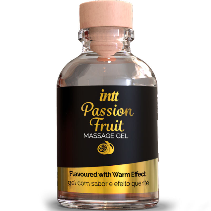 Gel da massaggio e sesso orale INTT MASSAGE & ORAL SEX al gusto di frutto della passione con effetto calore, bottiglia visibile in immagine