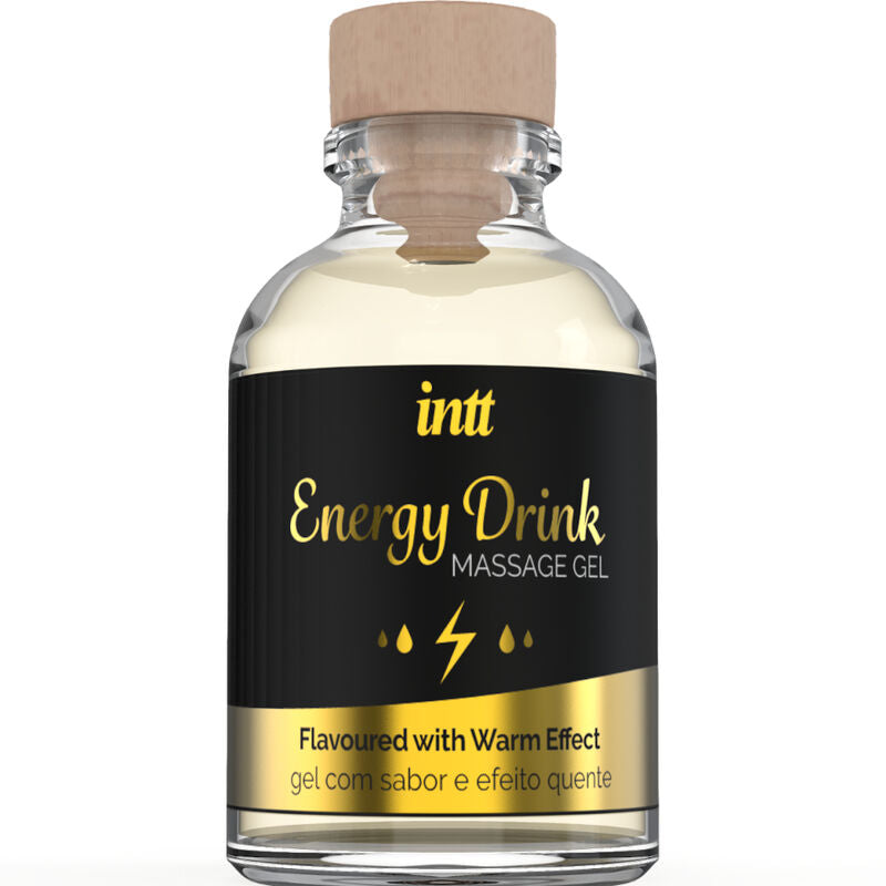 Gel da massaggio e orale INTT MASSAGE & ORAL SEX, con aroma energizzante e effetto riscaldante, in confezione con bevanda aromatizzata.