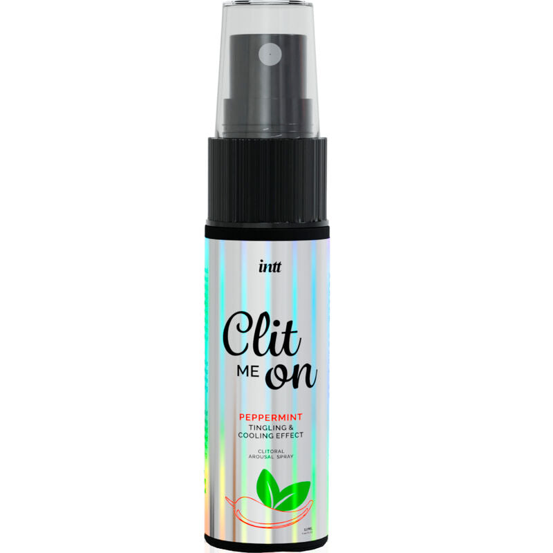 Flacone da 12 ml di INTT RELEASES Clit Me On Peppermin, spray stimolante per donna, con aroma di menta, visibile nella confezione